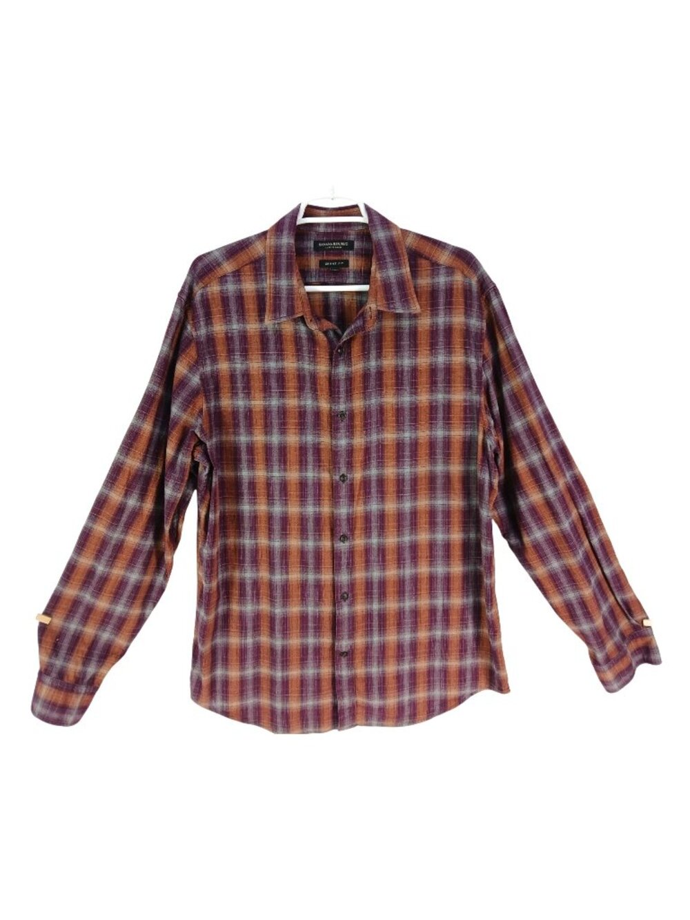 Banana Republic Mens Luxe Flannel Grant Plaid ButtonUp Shirt Purple Orange XL
